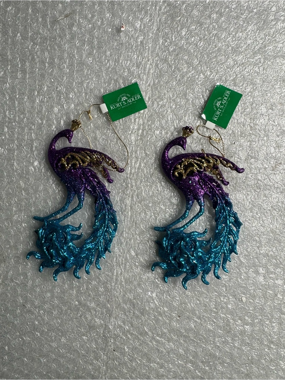 Kurt S Adler glitter peacock Christmas ornaments